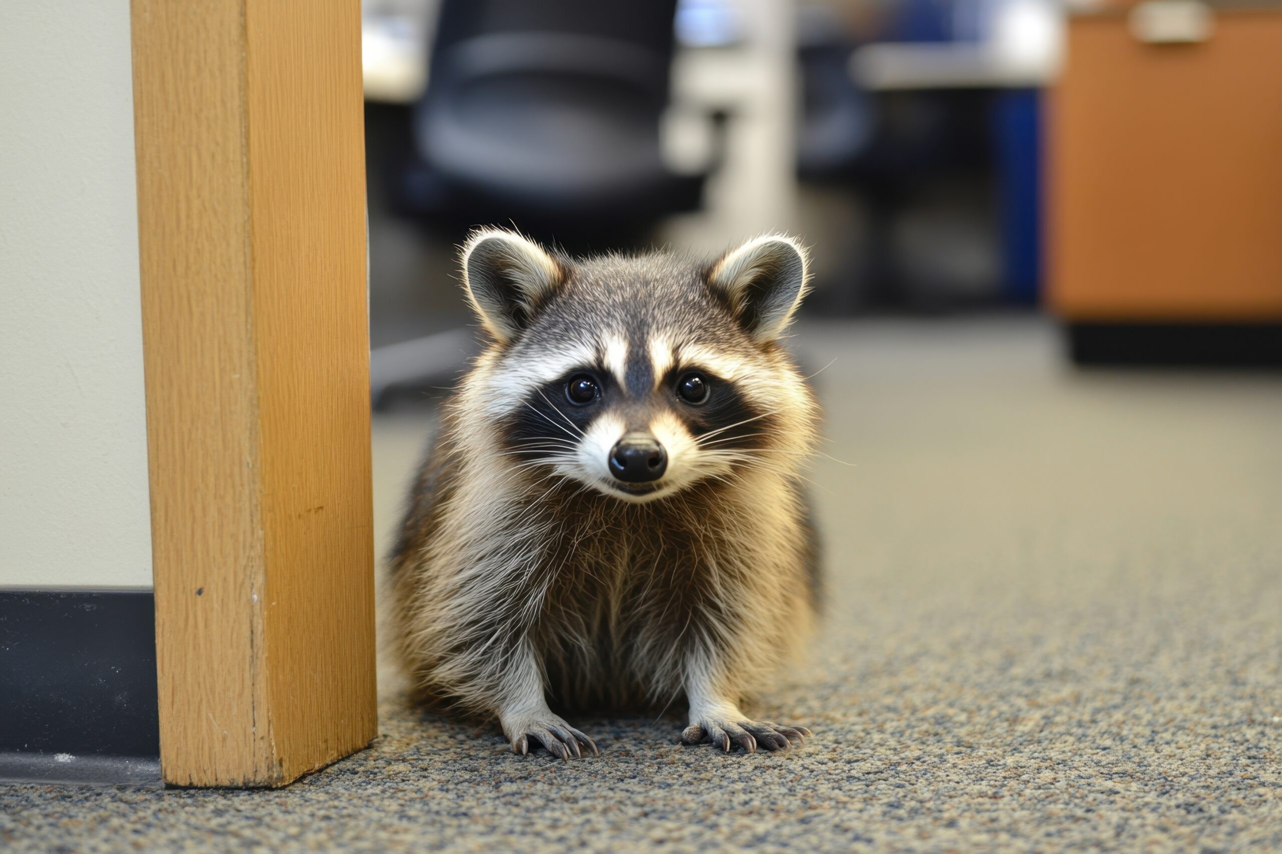 A curious raccoon peeking around an office doorway
